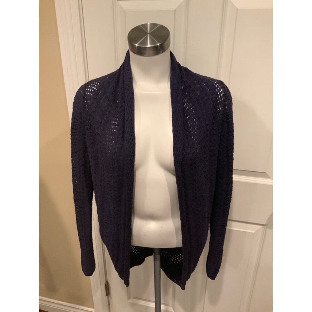 Knitted & Knotted Blue Thin Open Knit Cardigan w/ Purple Geometric , Size Medium